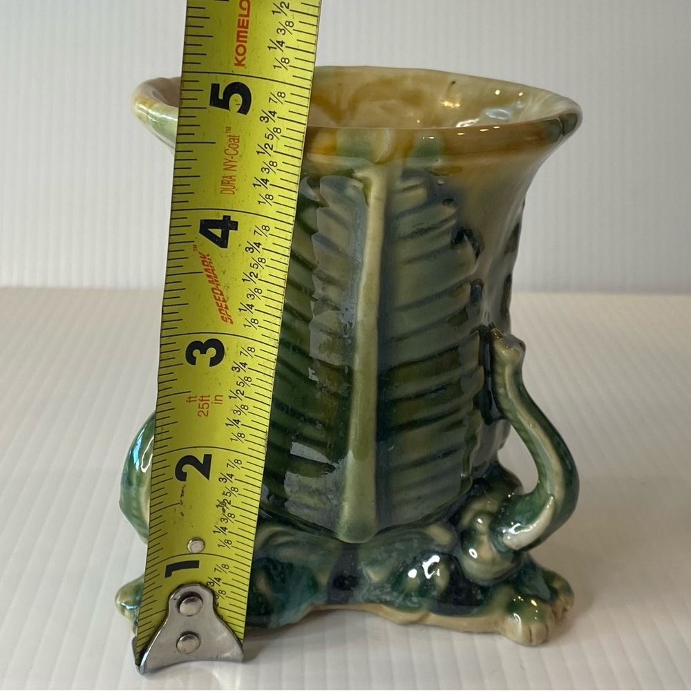 Vintage Lucky Elephant Three Sides Planter Trunk Up Majolica Pottery - Picture 7 of 9